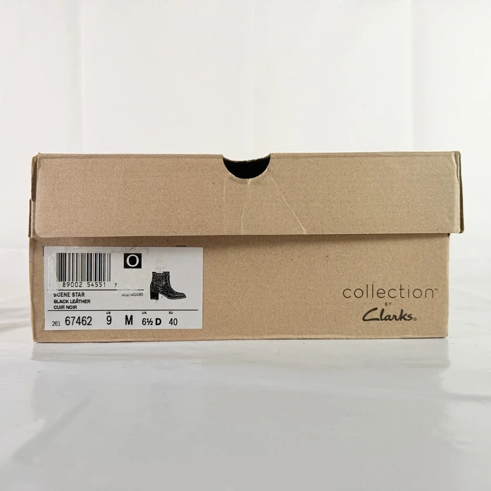 Clarks Scene Star Black Leather Ankle Boots‎ Straps Block Heel Women's Size 9M